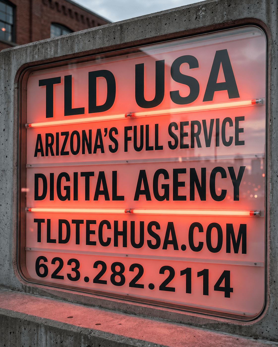TLD USA red neon billboard advertising Arizona’s full service digital agency with IT support, SEO, website development, and fractional IT solutions in Phoenix and Scottsdale.