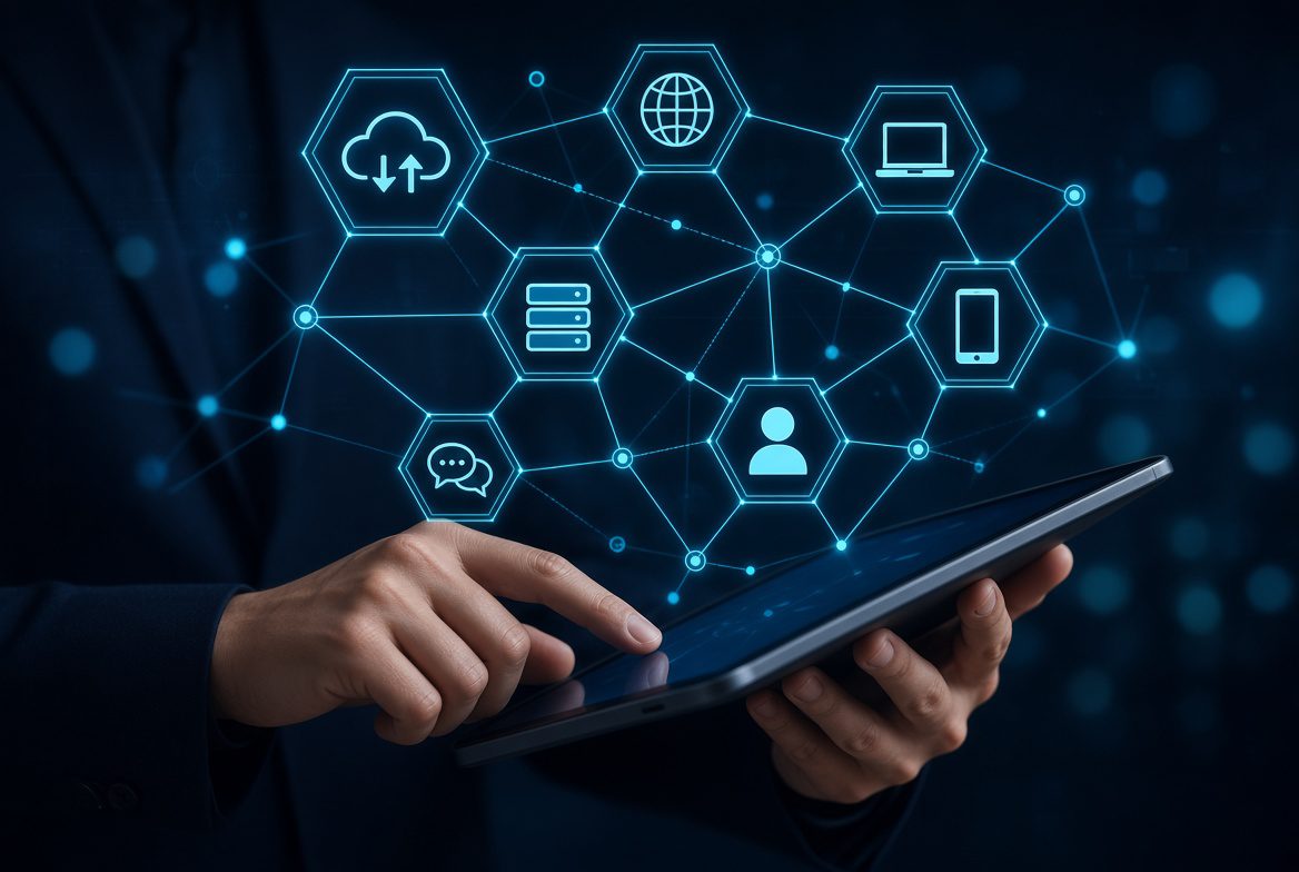 Business professional using a tablet with glowing network of cloud, server, laptop, smartphone, and digital system icons representing TLD USA technology and IT solutions