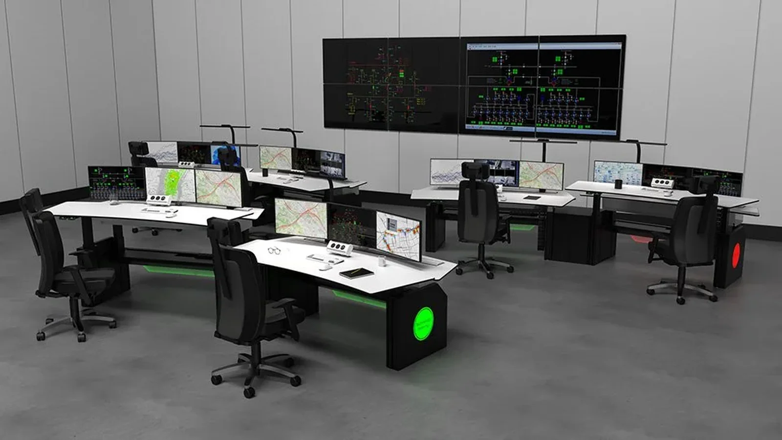 Modern control room console with multiple monitors displaying network maps and system schematics – professional IT monitoring and fractional IT support by TLD USA Arizona