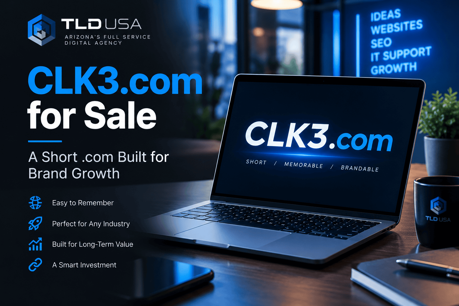 CLK3.com for Sale – Short .com Domain for Brand Growth
