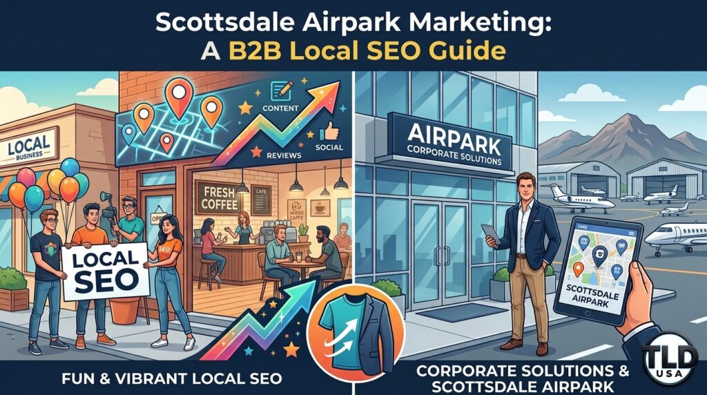 Detailed infographic guide showing the comparison between fun, creative B2B local SEO strategies and corporate marketing solutions specifically for the Scottsdale Airpark area, presented by TLD USA.