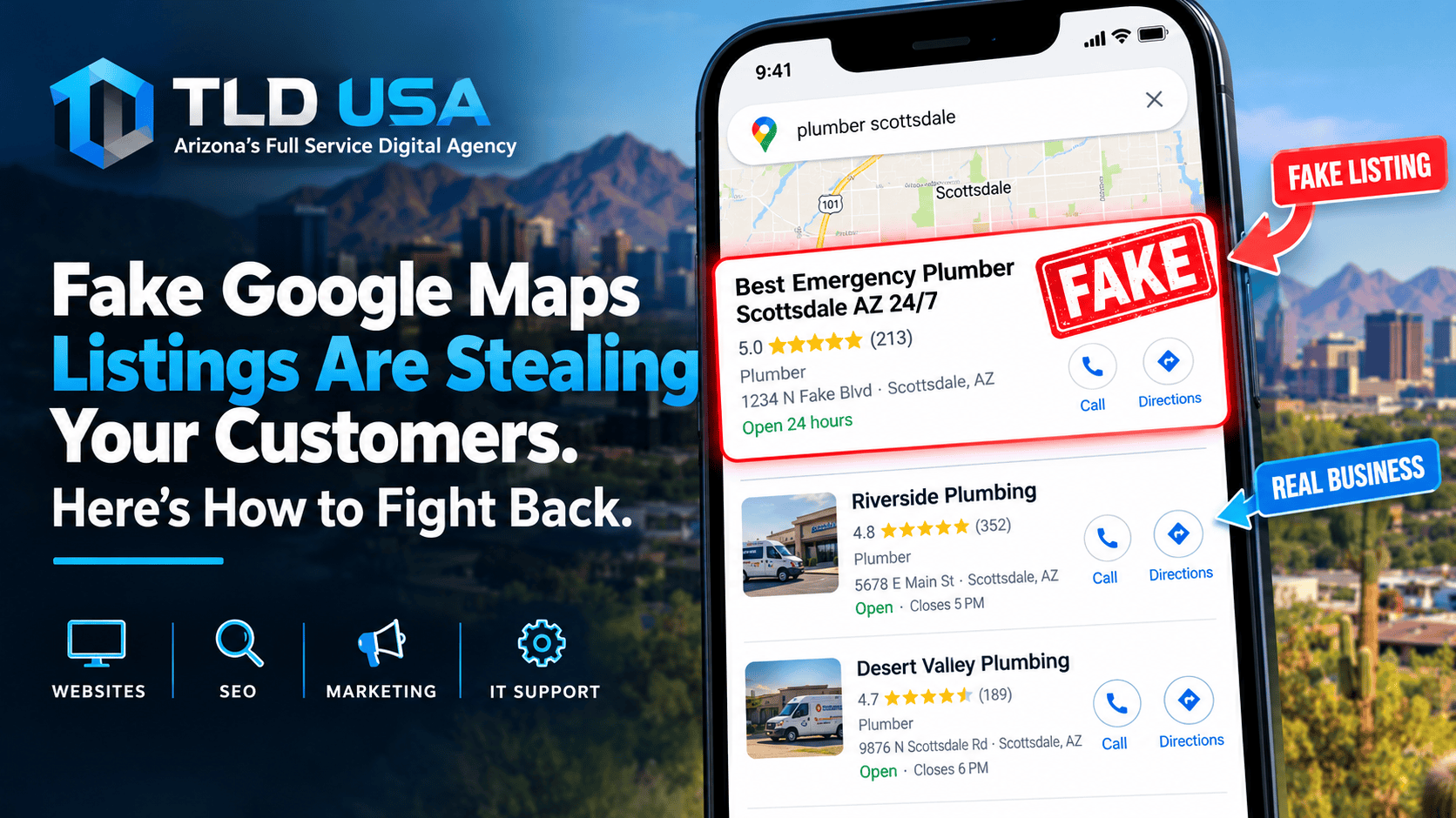 Fake Google Maps business listing outranking real Scottsdale businesses in local search results