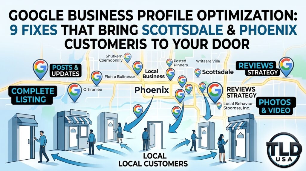Google Business Profile Optimization diagram for Scottsdale and Phoenix showing 9 fixes that bring local customers through your door.