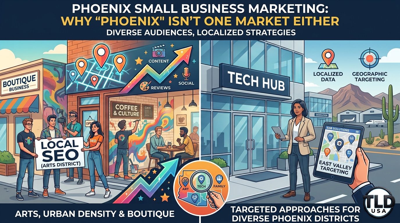 Infographic comparing localized marketing for an Arts District and a tech hub in Phoenix, Arizona, created by TLD USA.