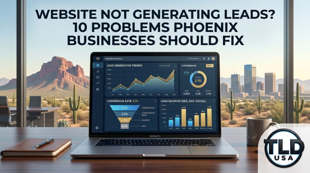 Laptop displaying website lead generation analytics dashboard in Phoenix, Arizona, with the TLD USA logo, illustrating website conversion fixes for local businesses.