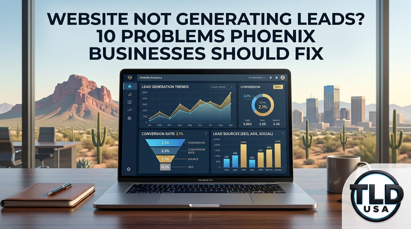 Laptop displaying website lead generation analytics dashboard in Phoenix, Arizona, with the TLD USA logo, illustrating website conversion fixes for local businesses.