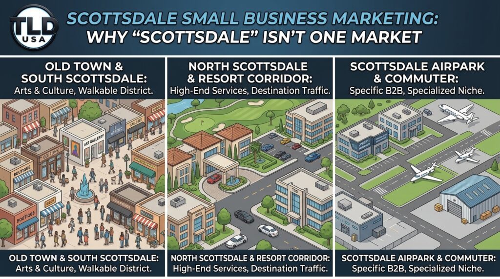 Detailed isometric illustration from TLD USA mapping different market segments in Scottsdale, including Old Town, North Scottsdale, and the Airpark, for targeted small business marketing.