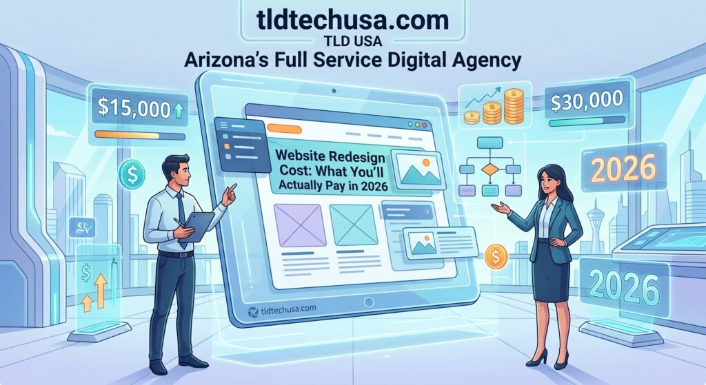 Graphic illustrating 2026 website redesign costs with digital agency analytics and wireframes for TLD USA.