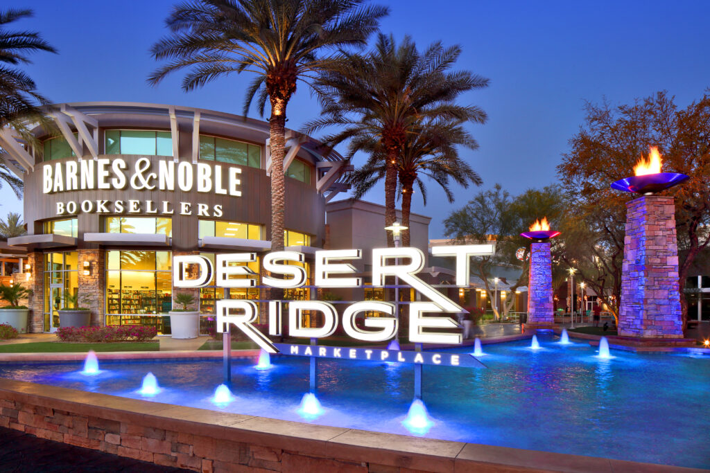 Exterior street view of modern storefronts and commercial buildings at High Street in Desert Ridge, North Phoenix AZ