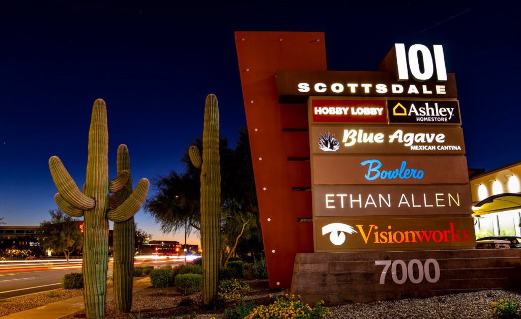 Shops and storefronts near Scottsdale Road and the Loop 101 in Scottsdale, Arizona