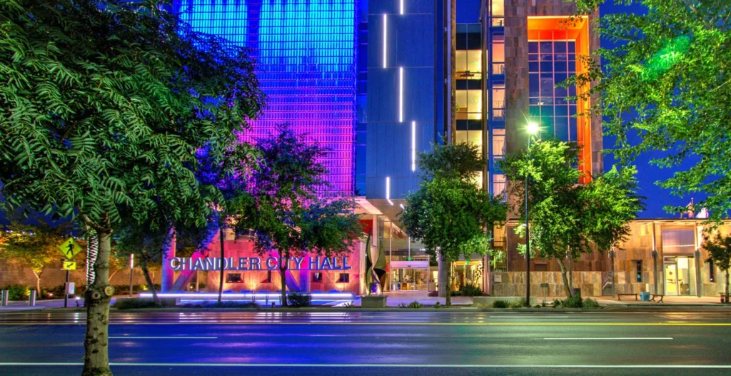 Chandler Arizona City Hall lit up by colorful lights