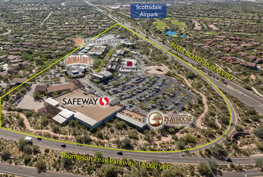 Aerial drone view of DC Ranch Marketplace layout and surrounding McDowell Mountains in Scottsdale Arizona