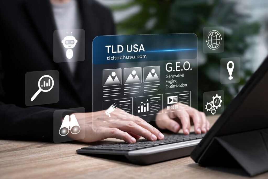 Professional reviewing Generative Engine Optimization GEO and AI Overviews dashboard for TLD USA digital agency in Phoenix Arizona