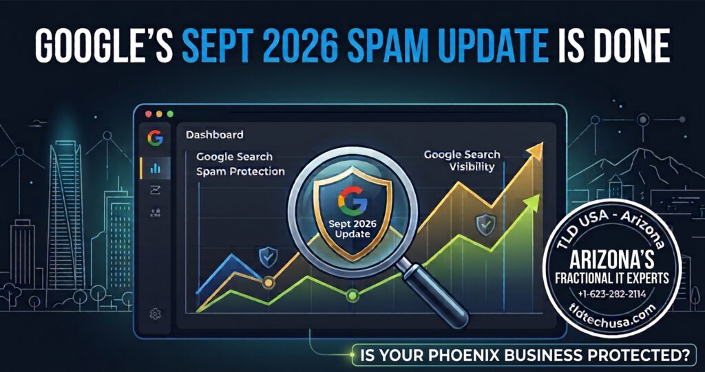 Magnifying glass checking a small business website after Google's September 2026 spam update by TLD USA, Scottsdale, Phoenix.