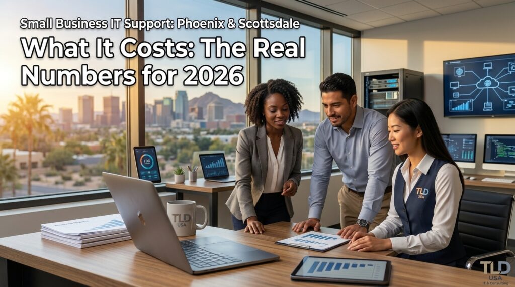 TLD USA presentation of 'Small Business IT Support: Phoenix & Scottsdale' with real 2026 cost numbers, featuring a modern Phoenix data center and cityscape.