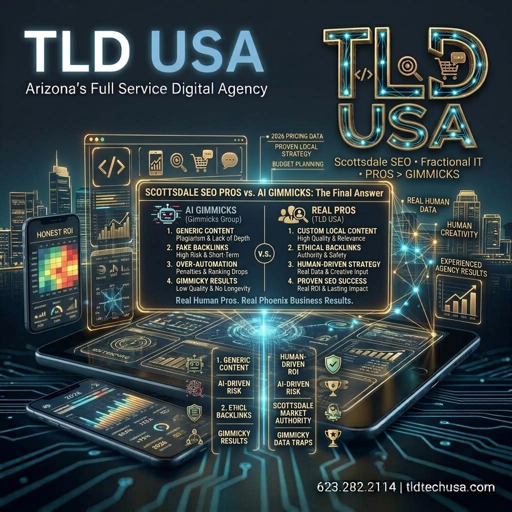 TLD USA infographic guide comparing experienced human SEO pros with AI gimmicks in Scottsdale, detailing custom content, ethical links, and human-driven strategy.