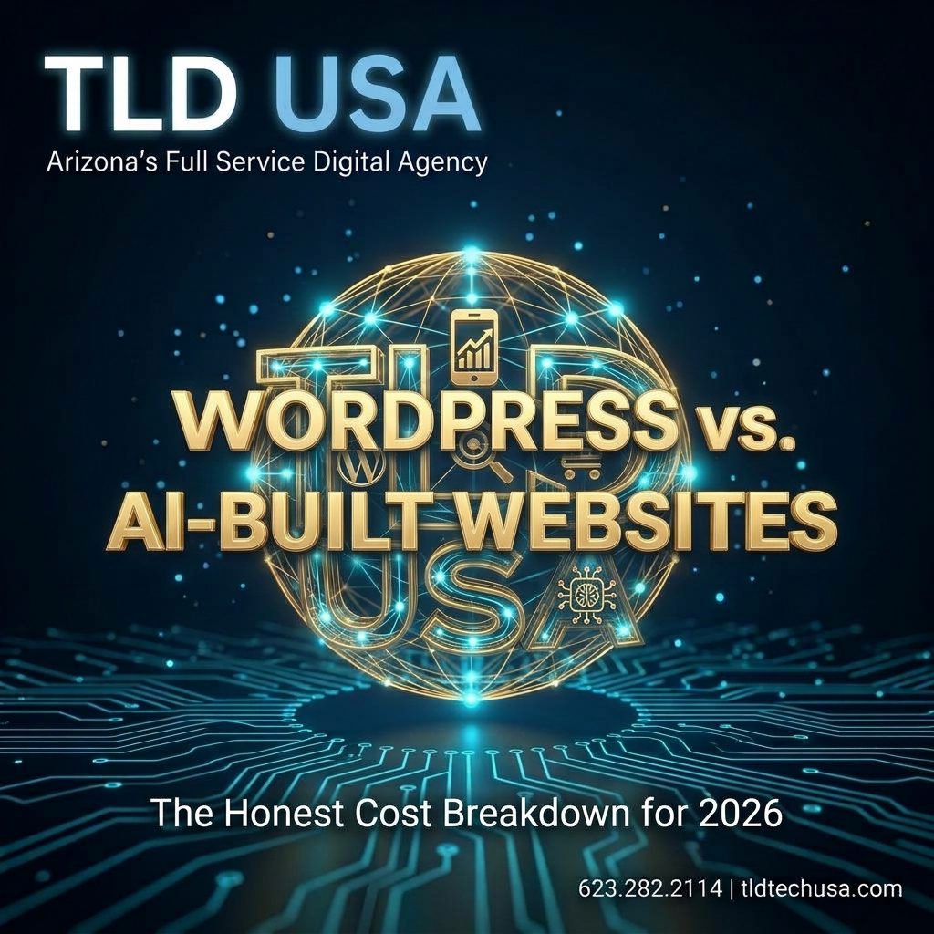 Comparing WordPress vs AI-built website costs for Phoenix and Scottsdale businesses presented by TLD USA